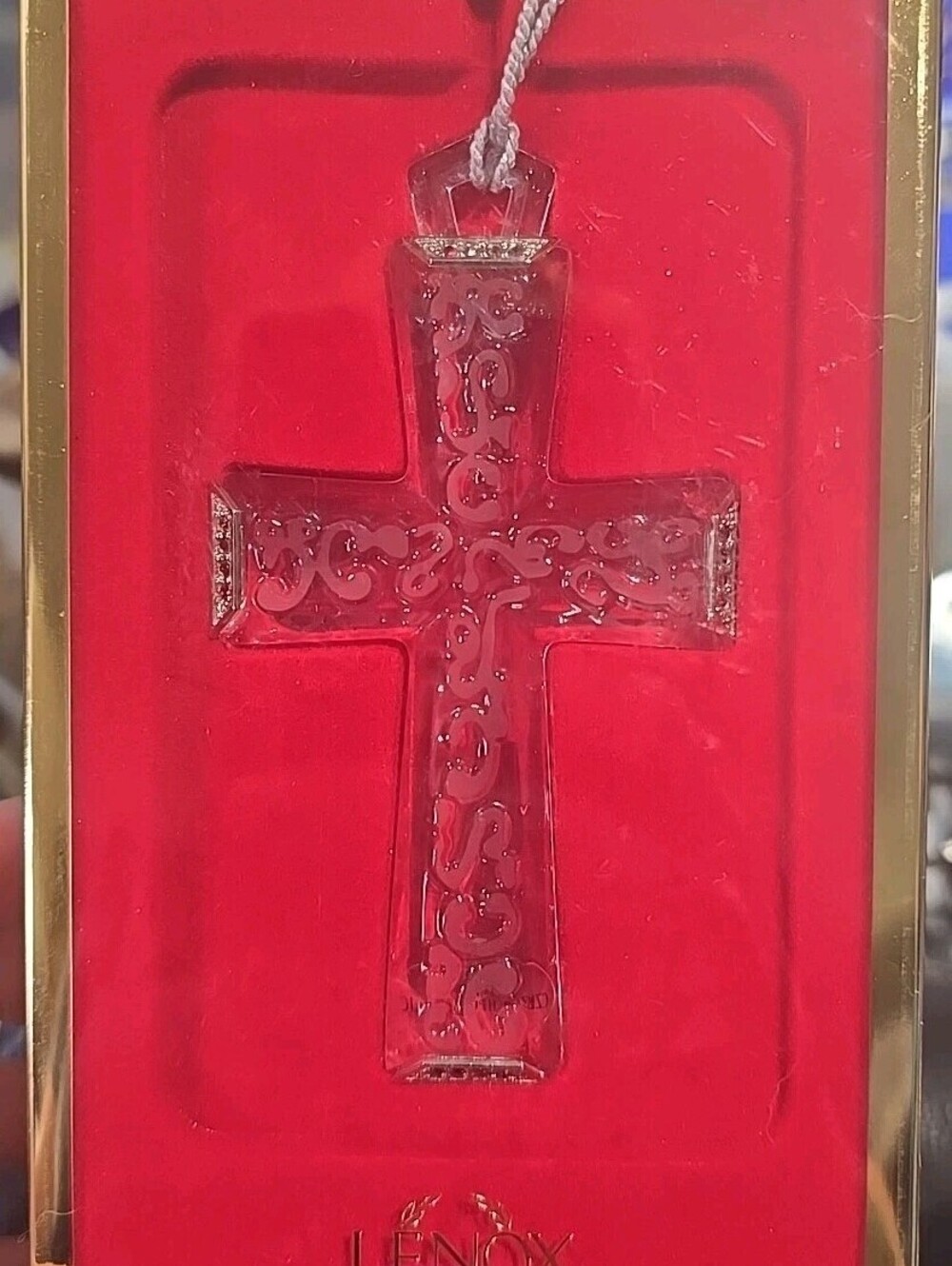 LENOX Lead Crystal Cross Ornament Pave Jewels Satin Czech RS Christmas 1999 &Box